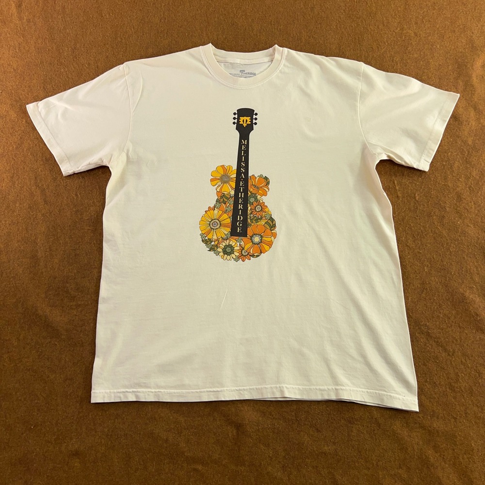 Melissa Etheridge Unisex XL Cream Floral Guitar Graphic Concert T-Shirt *Flaw